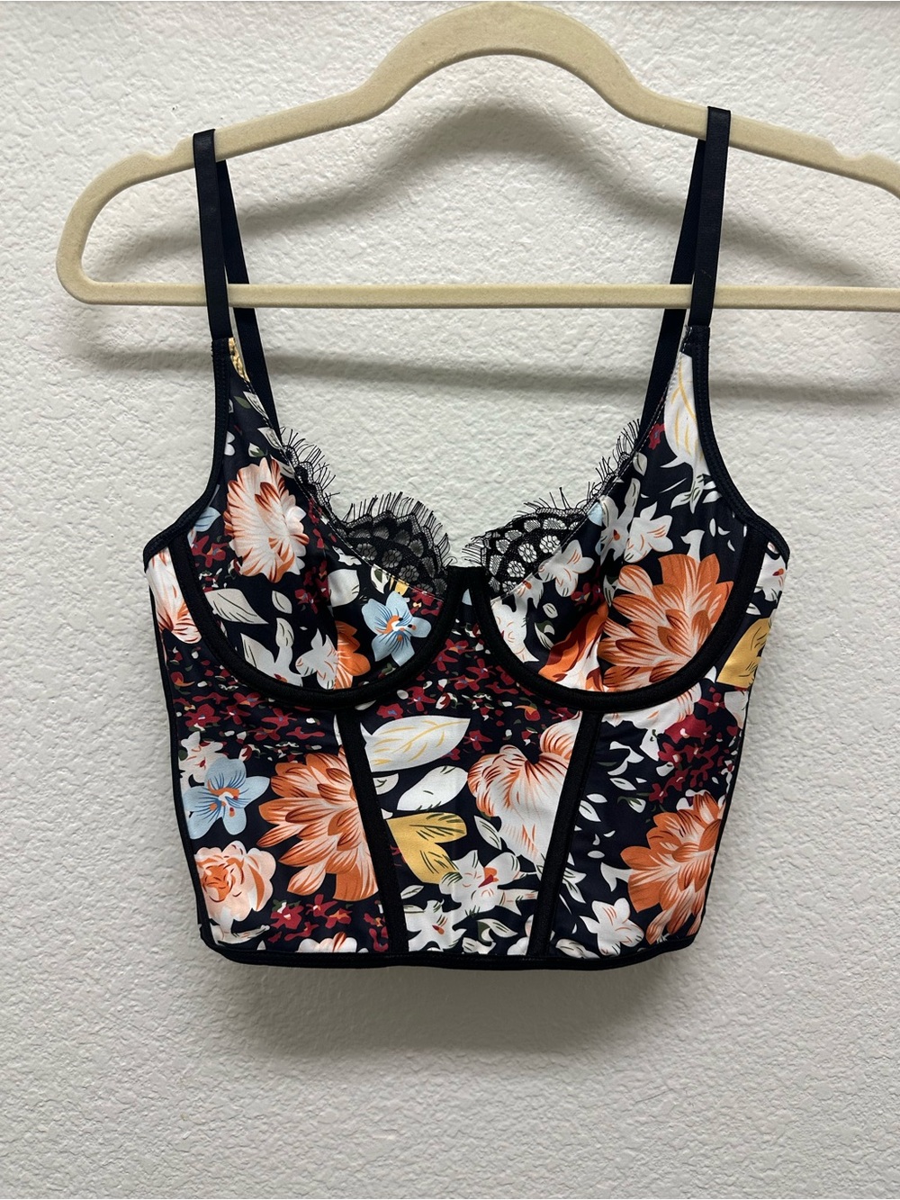 Floral Lace Trim Corset Top - Black Base with Orange & Blue Flowers